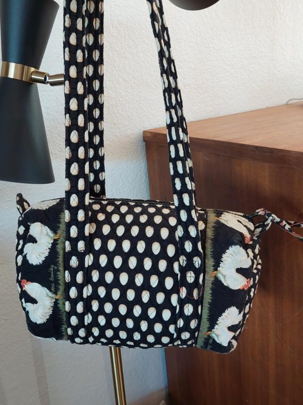 Vera Bradley black & white polka dot tote bag with white chicken graphics egg ro